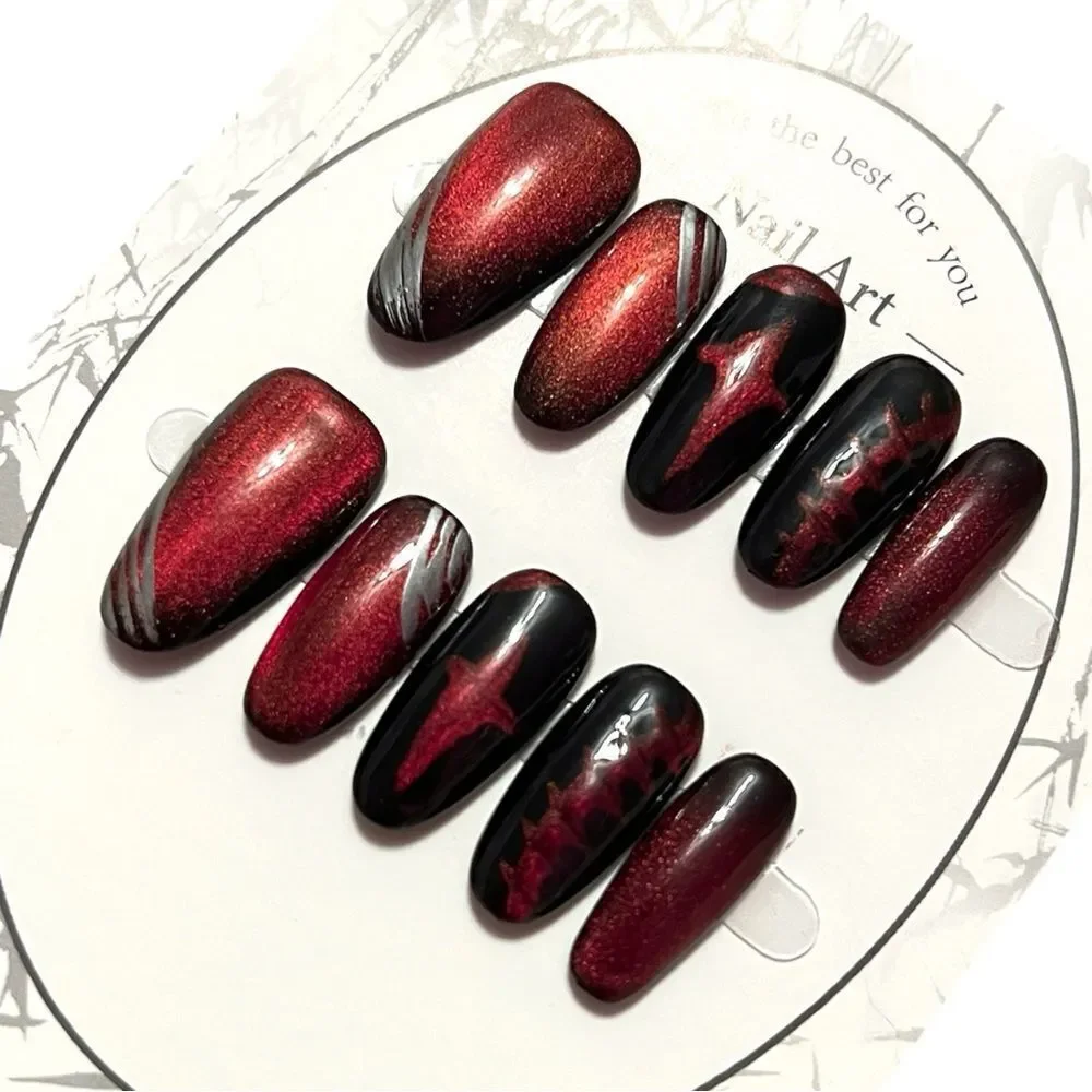 Stylish Handmade Red And Black Goth Oval Shape Press-On Nails Size S